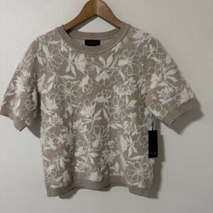 Rachel Zoe Fuzzy Floral Short Sleeve Pullover Crew Sweater Tan White NWT-Medium